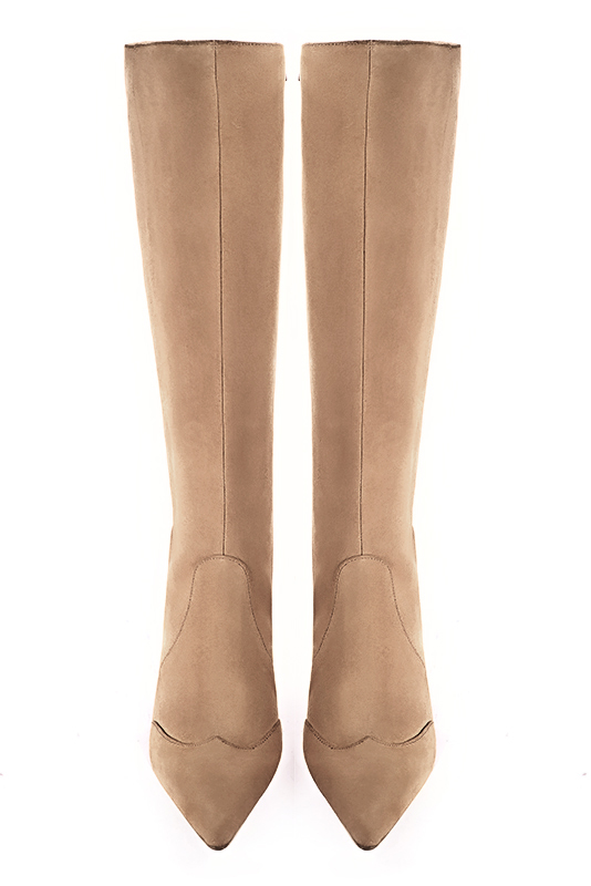 Tan beige women's feminine knee-high boots. Pointed toe. Medium block heels. Made to measure. Top view - Florence KOOIJMAN